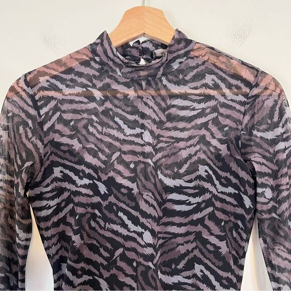 ALLSAINTS Elia Animal Print Long Sleeve Mesh Bodysuit Top Sz Medium Black Grey - Picture 4 of 9